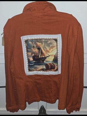 Women's Rust Orange Jean Jacket with Nautical Ship Back Patch "Come Sail Away"